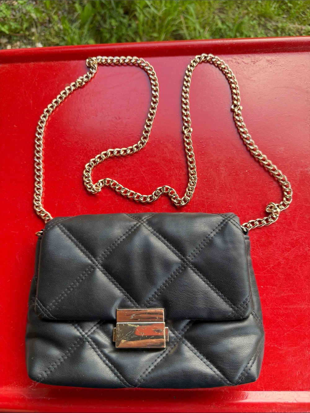 Black Quilted Leather Crossbody Bag with Gold Chain